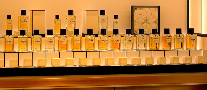 Des parfums de la marque CHANEL expos&eacute;s dans un magasin BHV &agrave; Paris