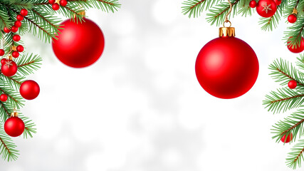 Christmas background with fir branches, red balls and berries. Vector illustration.