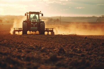 Fototapeta premium A tractor working in a field during sunset