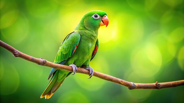 Green parrot perched on branch with green background