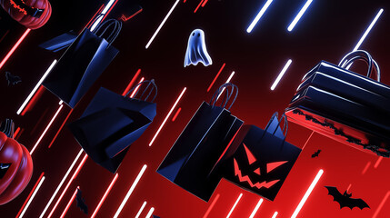 A vibrant Halloween promotional banner showcases shopping bags adorned with eerie designs, a floating ghost, and striking lighting that enhances the spooky theme for festive marketing