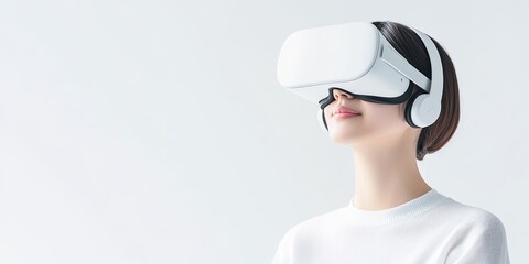A woman wearing a VR headset looks up, experiencing virtual reality in a minimalist, bright setting.