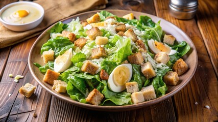 Fresh caesar salad with crunchy croutons, leafy greens, and sliced boiled eggs served on a wooden table in a cozy setting