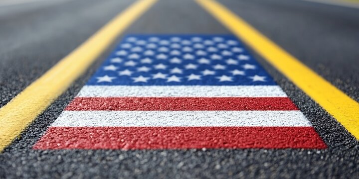 American flag painted on asphalt road.
