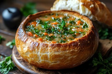 Rustic Display of Hearty Vegetable Soup in a Bread Bowl, Garnished with Fresh Herbs and Served on a Wooden Table