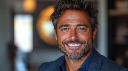 Fototapeta premium portrait of charismatic businessman with warm genuine smile professional studio lighting highlights confident posture and approachable demeanor against clean white background