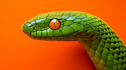 Detailed close-up of a green snake with textured scales and an intense eye, set against a vibrant orange background, creating bold contrast.
