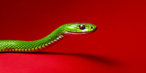 Obraz premium A vibrant green snake is coiled on a bright red background, highlighting the contrast between its smooth scales and the bold backdrop. 