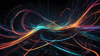 Fototapeta premium Abstract colorful lines flowing and swirling on a black background.