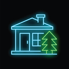 Glowing blue neon house with green tree on black background, perfect for designs related to real estate, nature, and sustainability
