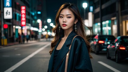 Fototapeta premium Asian beautiful female model standing amidst night city street