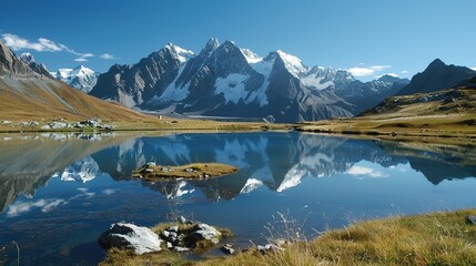 Obraz premium Majestic Snow Mountain and Plateau Lake: A Breathtaking Natural Wonder. Admire the Grandeur and Serenity.