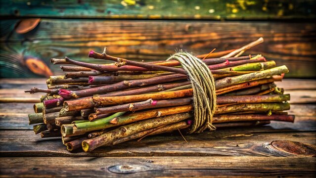 A delightful assortment of twigs and sticks, gathered and bound with natural twine, rests on a wooden surface,