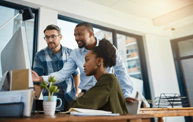 People, computer and advice in office for creativity, market research and feedback at creative agency. Journalist team, diversity or tech at table for reading, brainstorming or article review in city