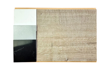 combination of interior material samples between palette of artificial stone in white, grey, black colors tone and light oak engineering floor tile isolated on background with clipping path. 