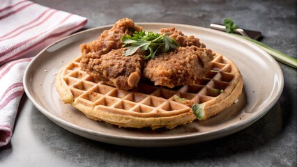 Fototapeta premium Delicious chicken and waffles served on a rustic plate with fresh herbs in a cozy dining setting