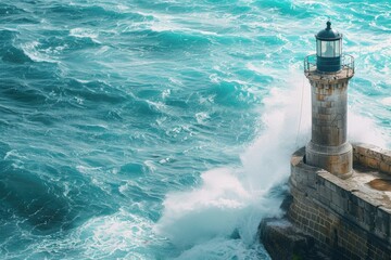 A lighthouse stands tall on a rocky outcropping in the middle of the ocean, surrounded by calm waters