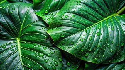 Fototapeta premium Green tropical leaves with waterdrops background