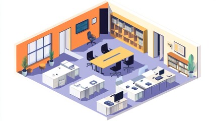 Asset Isometric flat 3d abstract office floor interior departments concept vector. conference hall, offices, workplaces, director of the office interior
