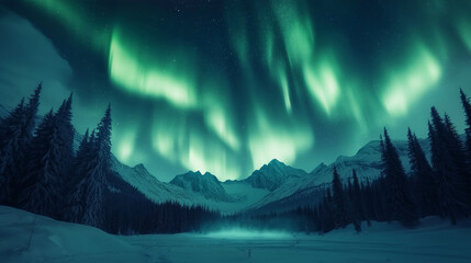 Aurora borealis over the frosty forest. Green northern lights above mountains.