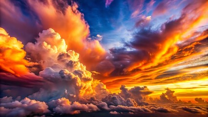 Naklejka premium As the sun sets, vibrant clouds fill the sky, casting soft light over a tranquil landscape, where nature's