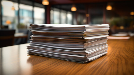  large stack of paper documents placed on a wooden table, set in a modern office environment, symbolizing workload, paperwork, and office tasks.
