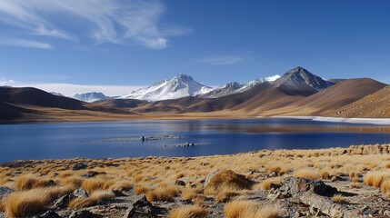 Majestic Snow Mountain and Plateau Lake: A Breathtaking Natural Wonder. Admire the Grandeur and Serenity.