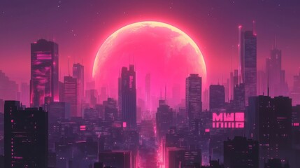 Obraz premium Asset Cool retro futuristic synthwave background with night dystopian cityscape and gigantic pink planet or sun silhouette. Vector flat design on dark sci-fi megalopolis with neon lights
