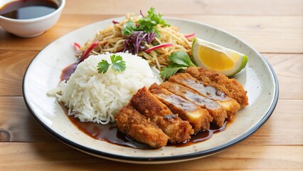 Delicious chicken katsu served with rice, tangy salad, and lime on a wooden table, perfect for a cozy dinner