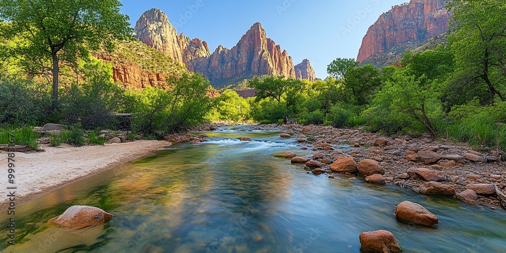 Poster A scenic river flows through a lush canyon.