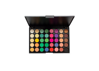 Rainbow colors eyeshadow palette close-up. Colorful shadow palette on white background