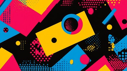 Obraz premium Abstract geometric pattern with colorful shapes and dots on black background.