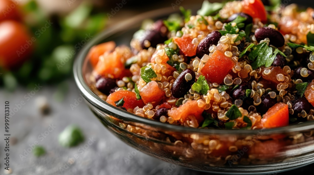 Wall mural a vibrant bowl of quinoa salad filled with black beans, diced tomatoes, and fresh parsley, showcasin