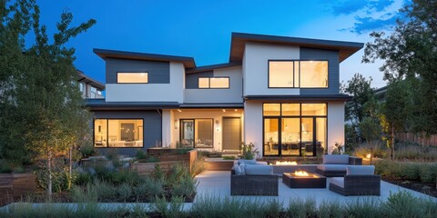 Obraz premium Modern house exterior with outdoor seating and fire pit in a landscaped setting at dusk.