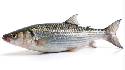 Obraz premium Grey mullet fish isolated on white background selective focus Extreme Close-Up