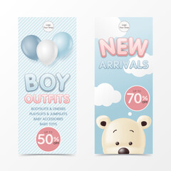 Cute baby boy roll up banner stand design template with cute bear and balloon for child store, kid clothes and toy, Online shop, children fashion sale discount promotion, social media. vector