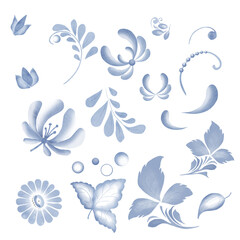 Blue flowers and leaves, stylized branches and berries. Set for patterns and ornaments in Russian style. Traditional folk motif isolated on background. Watercolor illustration in digital