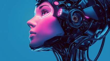 Asset Cybernetic head of robot woman close-up with artificial intelligence connected from cable. Face profile of female cyborg looks at up. sci-fi futuristic vector illustration concept.