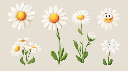 Asset Daisy flowers with cartoon funny smiling faces, chamomile characters. Cute camomile happy emotion. Kids logo design with daisies vector set. Illustration of smile floral flower, bloom camomile