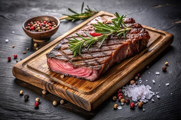 Fototapeta premium Grilled beef steak on a cutting board with herbs and spices