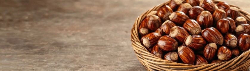 Obraz premium A beautiful wooden basket filled with fresh, shiny hazelnuts, perfect for cooking or snacking. Natural nut collection.