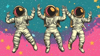 Asset Disco party astronauts dancing men and women. Pop art retro comic book vector cartoon hand drawn illustration