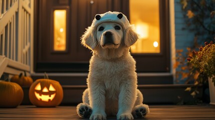 Asset Dog wearing costume while sitting against house during Halloween