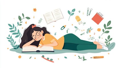 Asset Education Concept, Girl Lying on Floor Reading Book with School Stationery around, College or University Student, Back to School, Female Character Gaining Knowledge, Cartoon Flat 