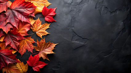 Autumn background with red leaves on black background. Top view with copy space