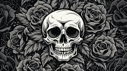 Fototapeta premium Print Skull in a Bed of Roses Halloween Background Vector Illustration with Floral Theme