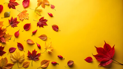 Fototapeta premium Autumn maple leaves on yellow background. Top view with copy space