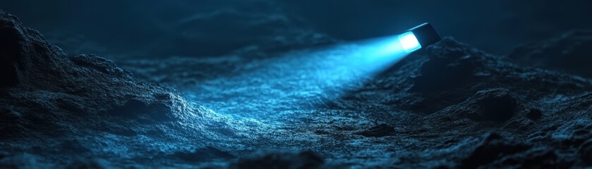 A spotlight illuminates a rocky underwater landscape, creating a mysterious ambiance, This image is ideal for projects related to exploration, oceanography, or marine life,