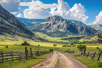 A dirt road leads to a fenced-in area, with mountains visible in the background
