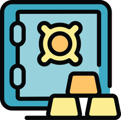 This colorful icon design depicts a bank vault protecting three gold bars filled with treasure